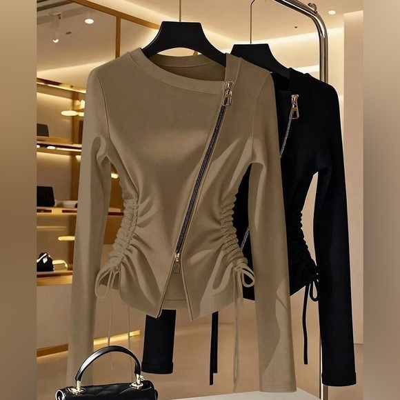 Fashionable French Chic Side Cinched Asymmetrical Collar Metal Zipper - Picture 4 of 4